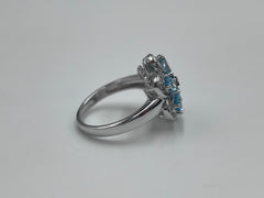 Six Petal Flower Blue Topaz & Zircon Statement Ring – Sterling Silver, Size 9