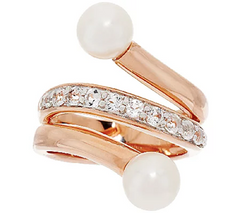 Honora Cultured Pearl White Topaz Rosegold Tone Bronze Ring Size 7