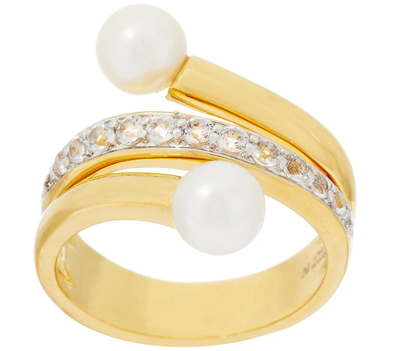 Honora Cultured Pearl White Topaz Gold Tone Bronze Ring Size 7