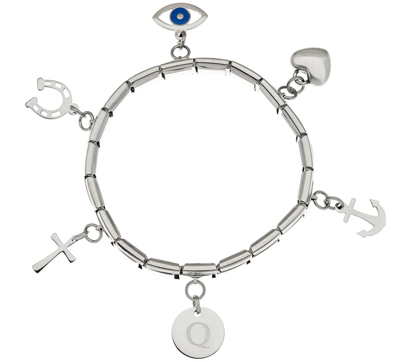 Stainless Steel Q Initial & Charm Stretch Avg Bracelet by Design Jewelry Collection