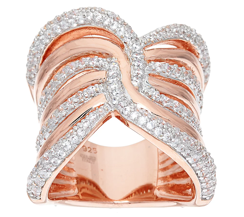 Italian Silver Sterling Rose Tone Wide Polished Crystal Band Ring Size 7