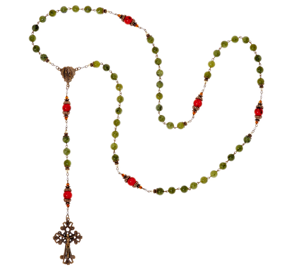 Connemara Marble Bronzetone Green and Red Beaded Antiqued Rosary, 24"