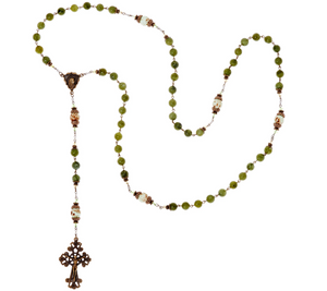 Connemara Marble Bronze Tone Mint Green Beaded Antiqued Rosary, 24"