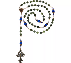 Connemara Marble Bronzetone Lapis Blue Beaded Antiqued Rosary, 24"