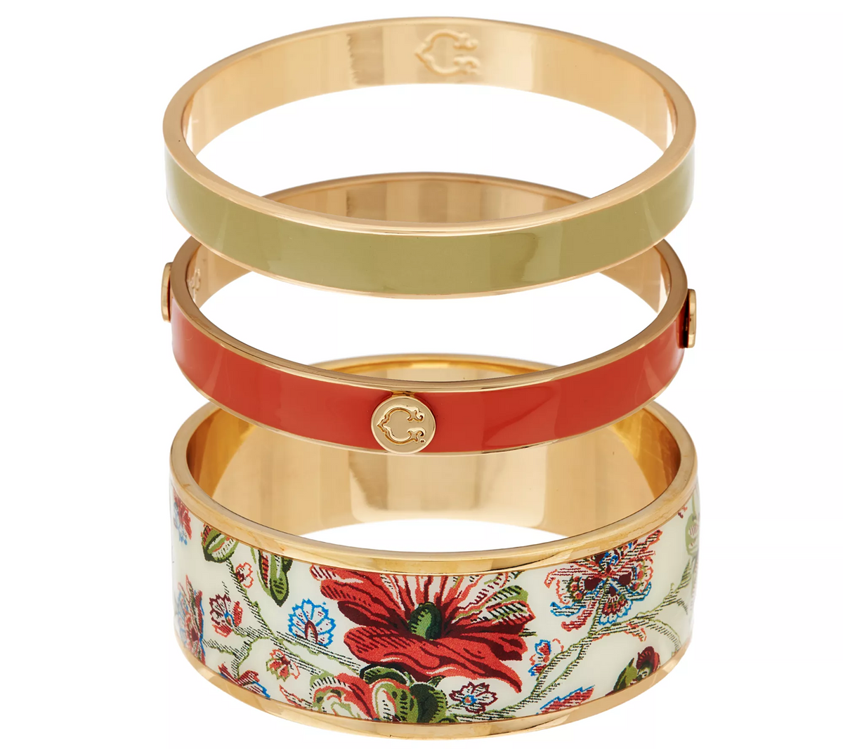 C. Wonder Set of 3 Floral Print & Solid Enamel Round Slip-on Cream/Red Bangles Large