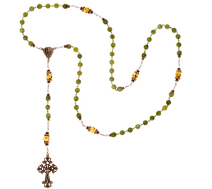Connemara Marble Bronzetone Green and Yellow Beaded Antiqued Rosary, 24"