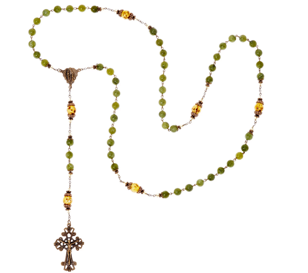 Connemara Marble Bronzetone Green and Yellow Beaded Antiqued Rosary, 24"