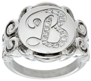 Stainless Steel Crystal Signet Initial "B" Ring, Size 8