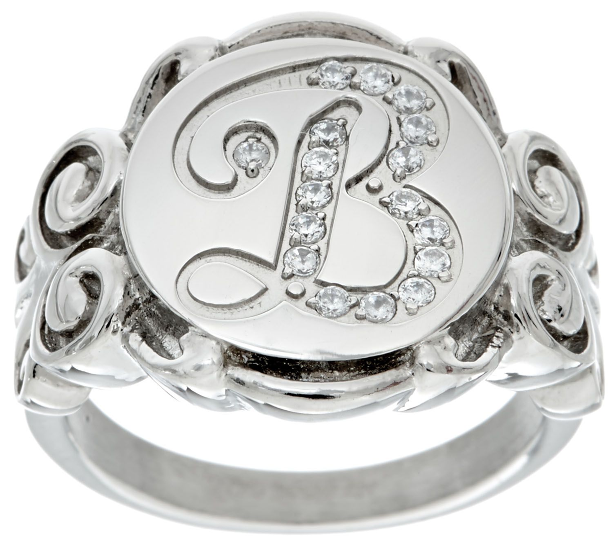 Stainless Steel Crystal Signet Initial "B" Ring, Size 8