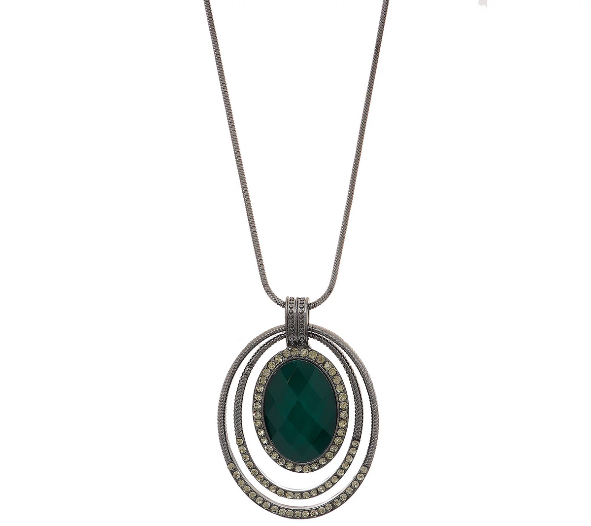 Susan Graver Green Faceted Gunmetal Multi Circle Pendant Necklace