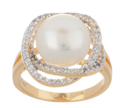 Honora Cultured Pearl/ White Topaz Ring Yellow Clad Sterling Silver Size 6
