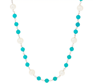 Honora Cultured Pearl & Turquoise Gemstone Bead 36" Sterling Silver Necklace