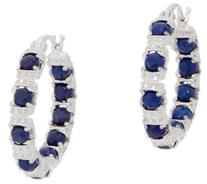 Gemstone Diamond Cut Inside Out Hoop White/Lapis Sterling Silver Earrings