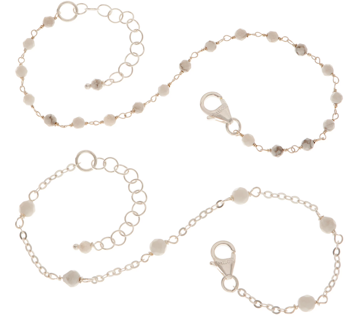 Italian Silver Set of 2 White Smoke Gemstone Bracelets