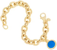 Bronzo Italia Blue Agate Charm Rolo Link Gold Tone Bronze Bracelet 7-1/4"