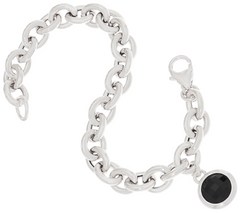 Bronzo Italia Black Onyx Charm Rolo Link Silver Tone Bronze Bracelet 6-3/4"