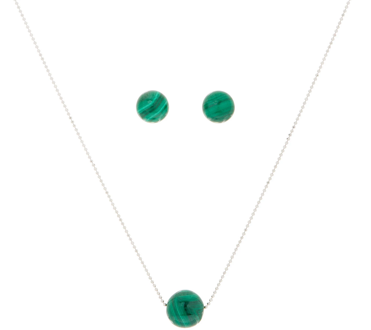 Gemstone Bead Sterling Silver Necklace and Earring Set, Malachite, Chain Size 18"