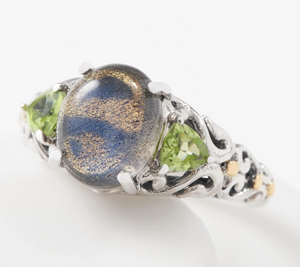 Artisan Crafted Sterling Silver Labradorite & Peridot Three Stone Ring Size 8
