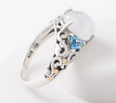 Artisan Crafted Sterling Silver Moonstone & Blue Topaz Three Stone Ring Size 5