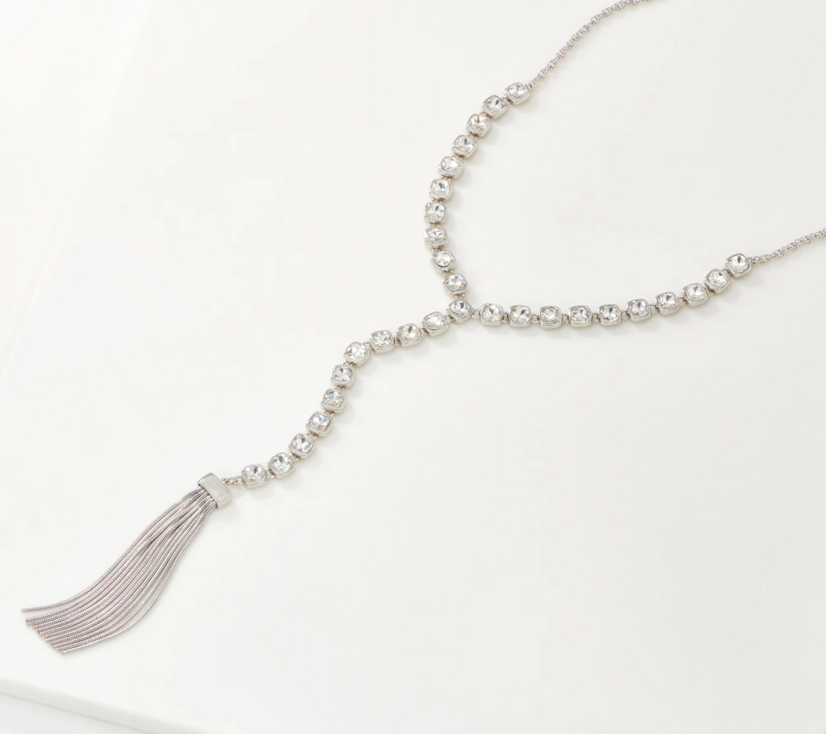 Susan Graver Reversible Cushion Cut Silver Tone Y Necklace with Tassel