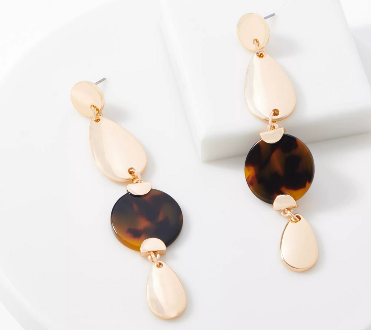 Susan Graver Gold Tone Round and Teardrop Dangle Earrings