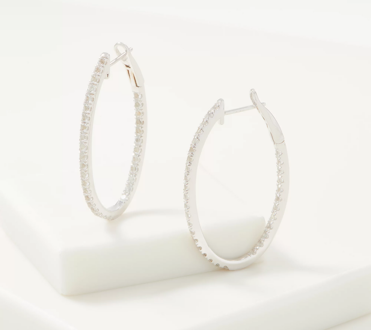 Gemstone White Topaz Inside Out Oval Silver Hoop Earrings