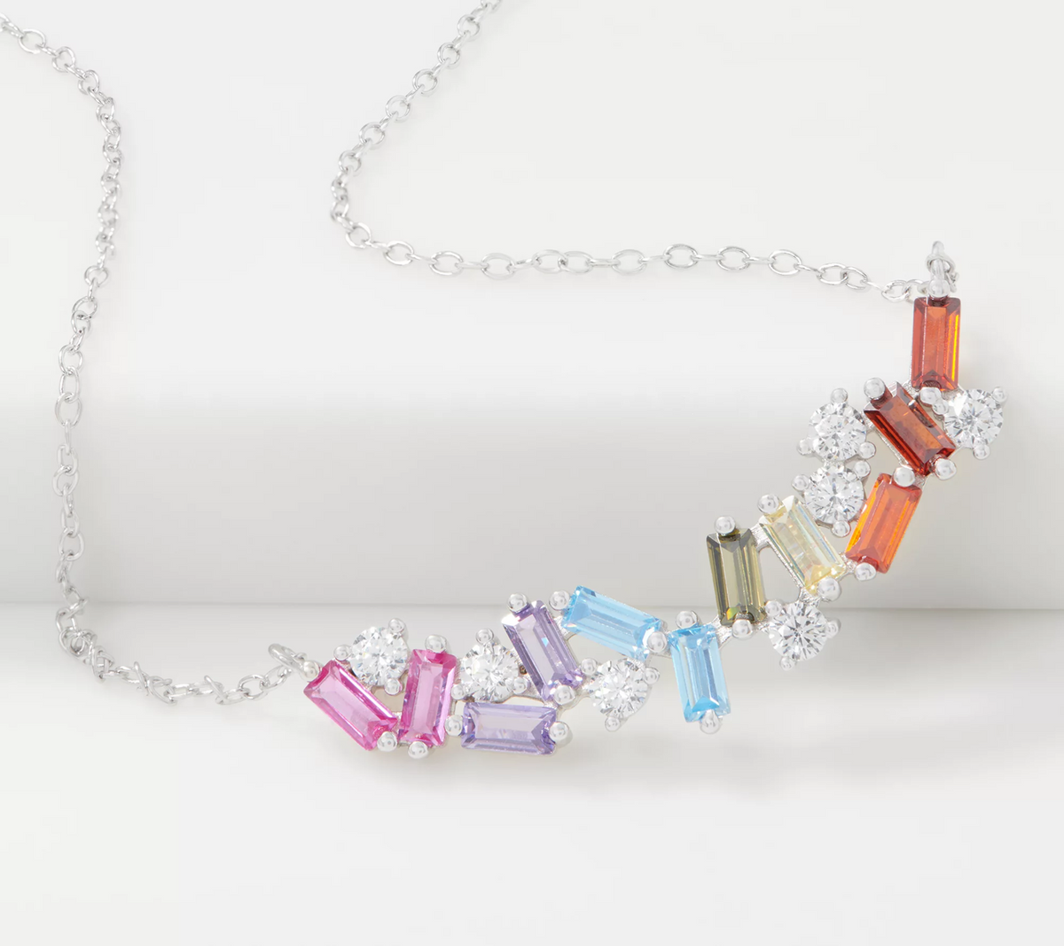 Diamonique Sterling Silver Rainbow Scattered Baguette Necklace