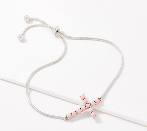 Gemstone Cabochon Cross Adjustable Pink Opal Sterling Silver Bracelet