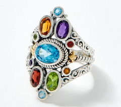 Artisan Crafted Sterling Silver Multi Gemstone Ring with 18K G Accents, Size 5