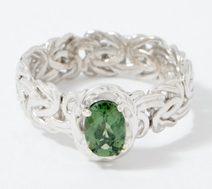 Sterling Silver Rhodium Plated Byzantine Exotic Green Apatite Gemstone Ring, Size 8