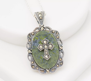 Connemara Marble Shamrock Pendant with Celtic Cross 18"