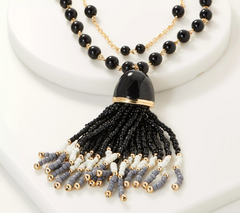 Isaac Mizrahi Live! Double Row Black Beaded Tassel Necklace