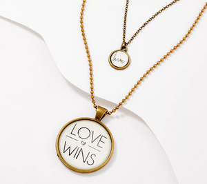 Vintage Sparrow Set of 2 Brass "Love: Love Wins" Pendant Necklaces 30"