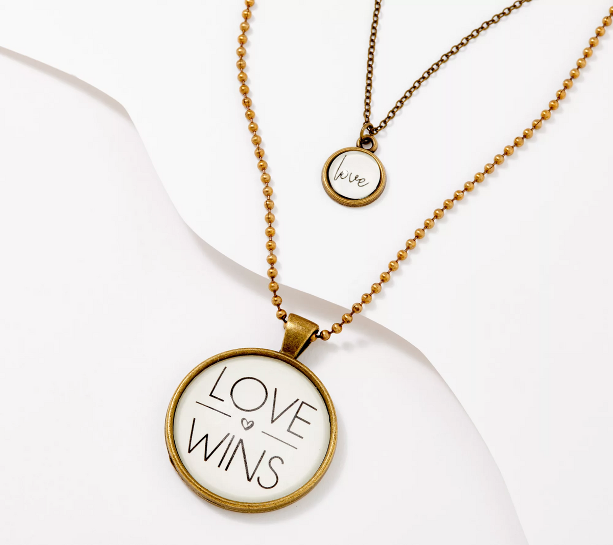 Vintage Sparrow Set of 2 Brass "Love: Love Wins" Pendant Necklaces 30"