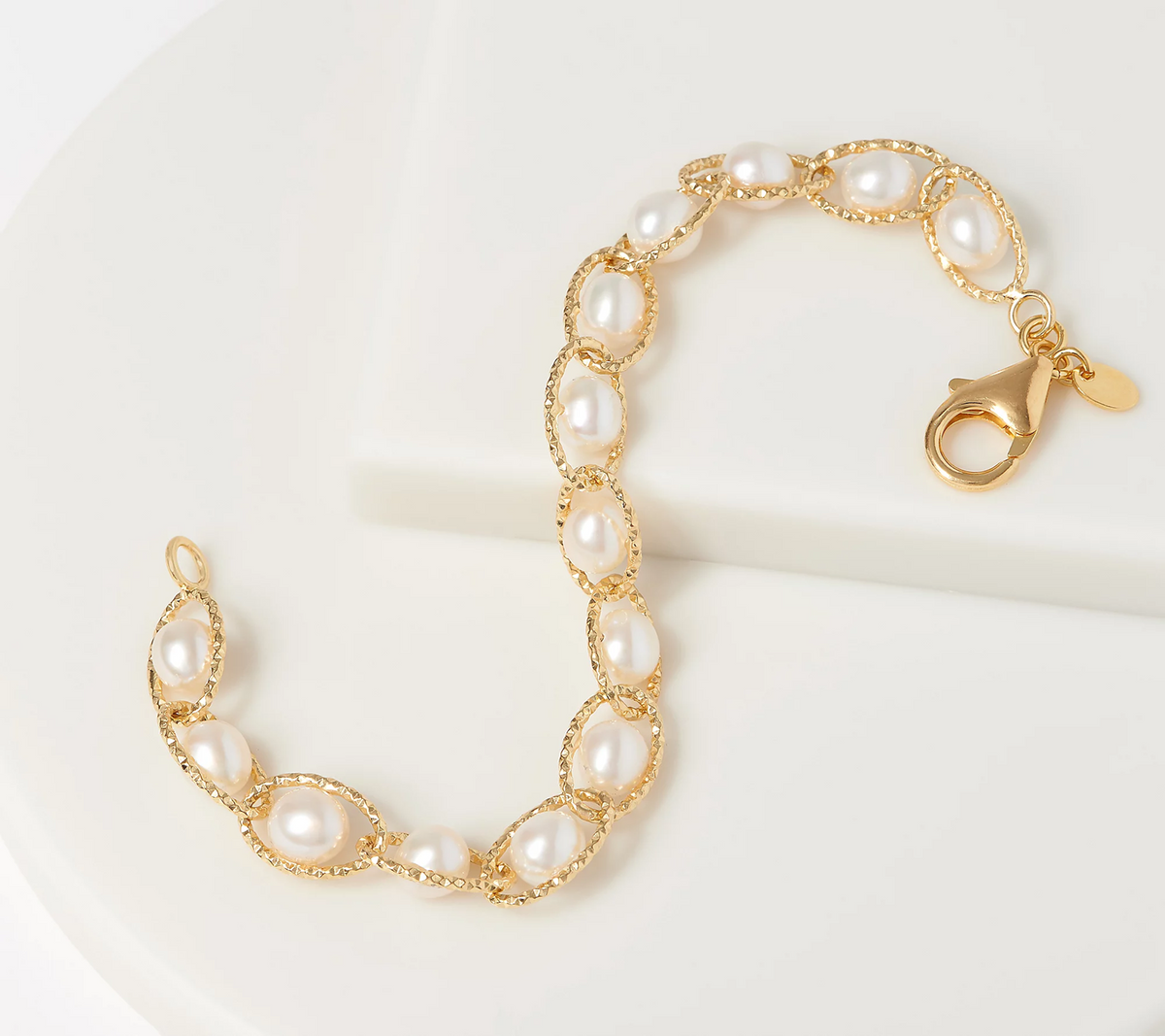 Honora Sterling Silver Cultured Pearl & Oval Link Station Gold Tone Bracelet 7-1/4"
