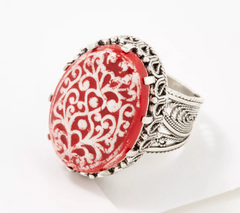 Artisan Crafted Painted Porcelain Ring Sterling Silver, Red, Size 6