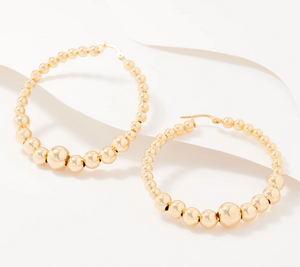 Italian Silver Gold-Clad SterlingSilver 2" Graduated Polished Bead Hoop Earrings