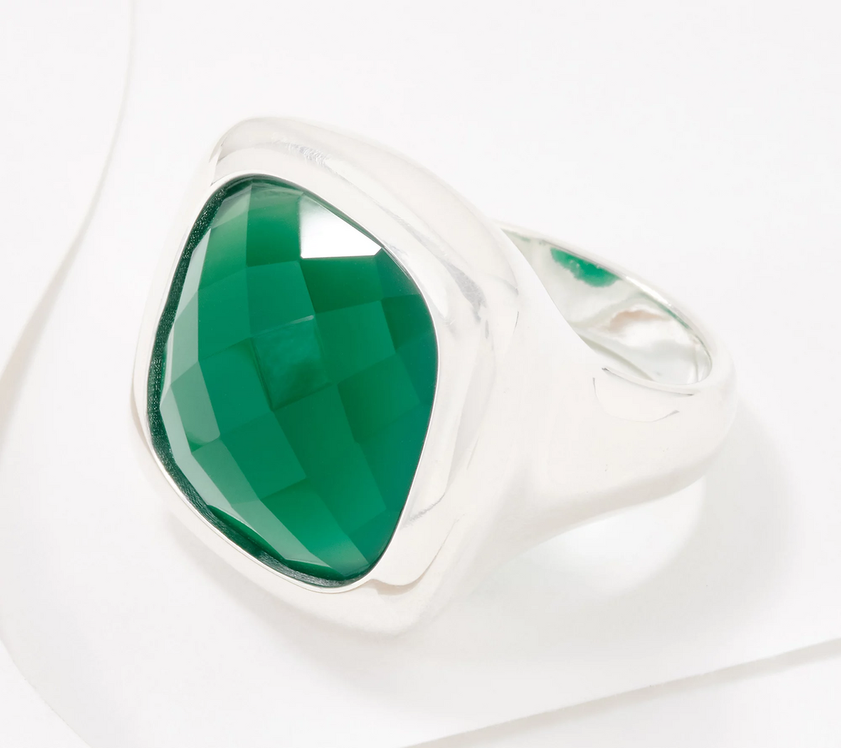 Ultra Fine Silver Bold Faceted Green Agate Gemstone Solitaire Ring Size 7