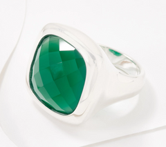 Ultra Fine Silver Bold Faceted Green Agate Gemstone Solitaire Ring Size 7
