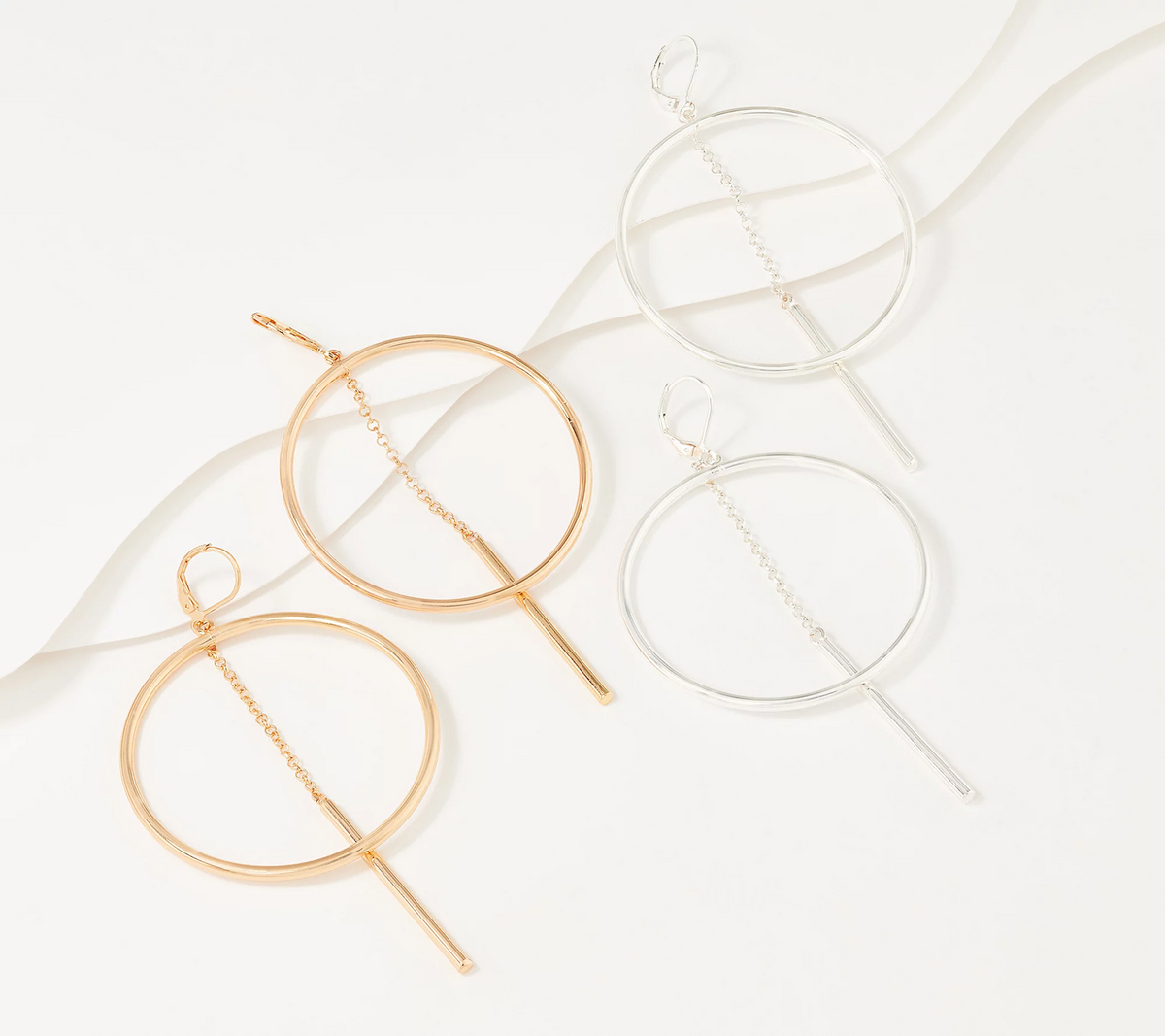 Joan Rivers Set of 2 Golden/Silvertone Hoop Earrings with Hanging Bar, 3-3/4"