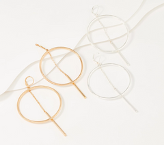 Joan Rivers Set of 2 Golden/Silvertone Hoop Earrings with Hanging Bar, 3-3/4"