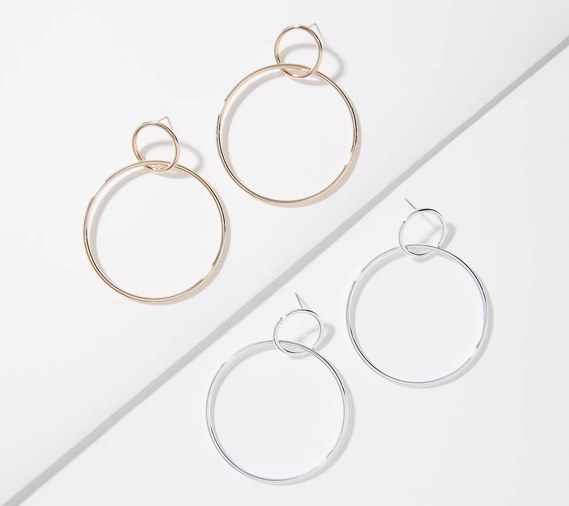 Joan Rivers Set of 2 Silver/Gold Tone Amy Double Hoop Drop Earrings