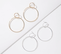Joan Rivers Set of 2 Silver/Gold Tone Amy Double Hoop Drop Earrings