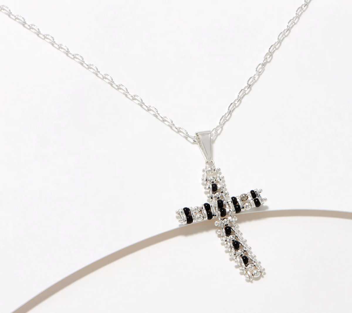 Imperial Silver Beaded Cross 18" Necklace, Sterling Silver, Black