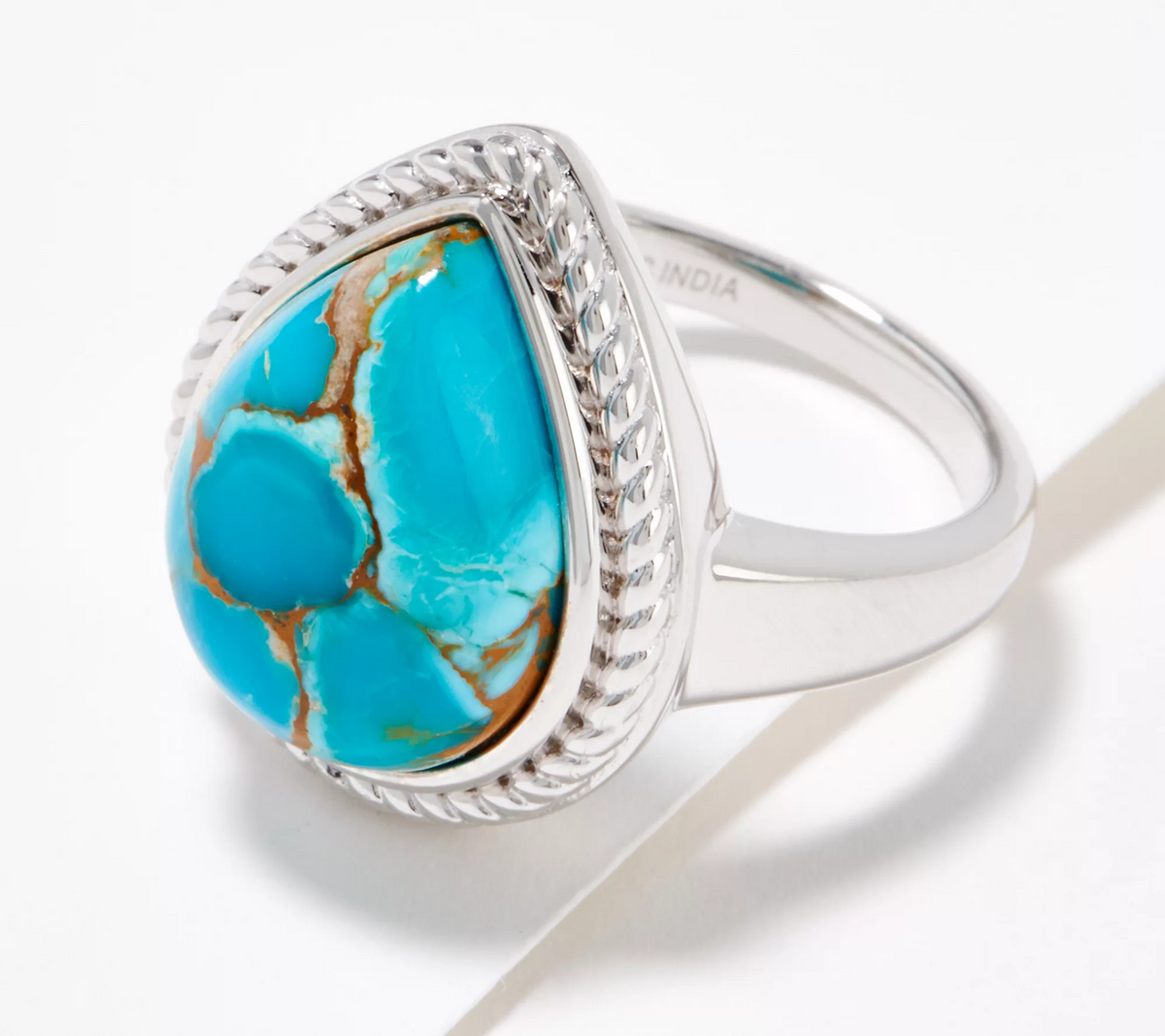 Generation Gems SS Turquoise Pear Cabachon Bezel Set Gemstone Ring, Size 7