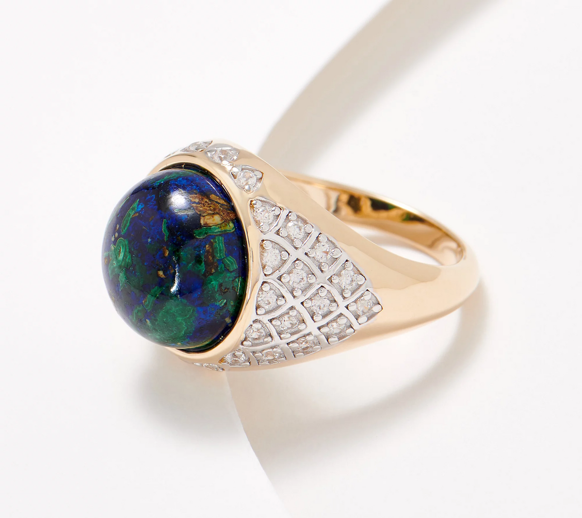 Generation Gems Gold clad Sterling Silver Domed Azurite Cabochon & White Zircon Ring, Size 9