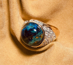 Generation Gems Gold clad Sterling Silver Domed Azurite Cabochon & White Zircon Ring, Size 9