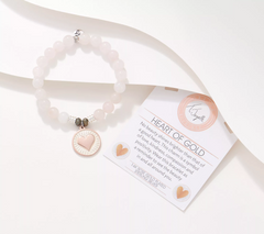 T. Jazelle Gemstone and Rose Clad SS Heart of Gold Charm Beaded Bracelet Small/Avg