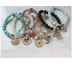 T. Jazelle Gemstone and Rose Clad SS Heart of Gold Charm Beaded Bracelet Small/Avg