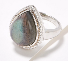 Generation Gems Sterling Silver Pear Labotirite Cabachon Bezel Set Gemstone Ring Size 8